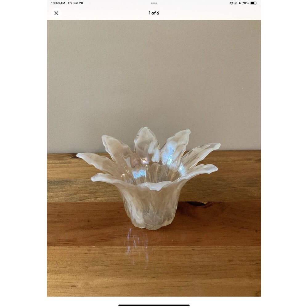 Murano Art Glass Beige Swirl Petal Votive Candle Holder Made It Italy 4”x 7” VTG